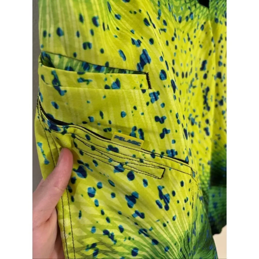Pelagic Sharkskin Psycho Dorado Green Swimming Fishing Board Shorts Men's 36